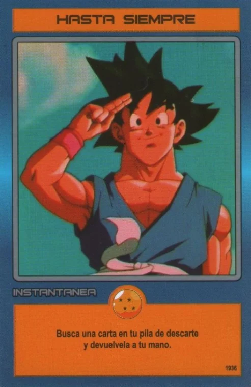 La carta 1936: Goku saludando bajo el título HASTA SIEMPRE